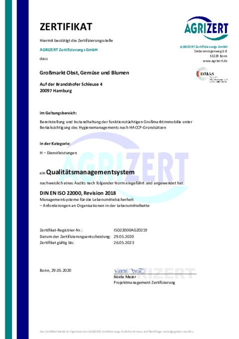 Zertifikat DIN EN ISO 22000